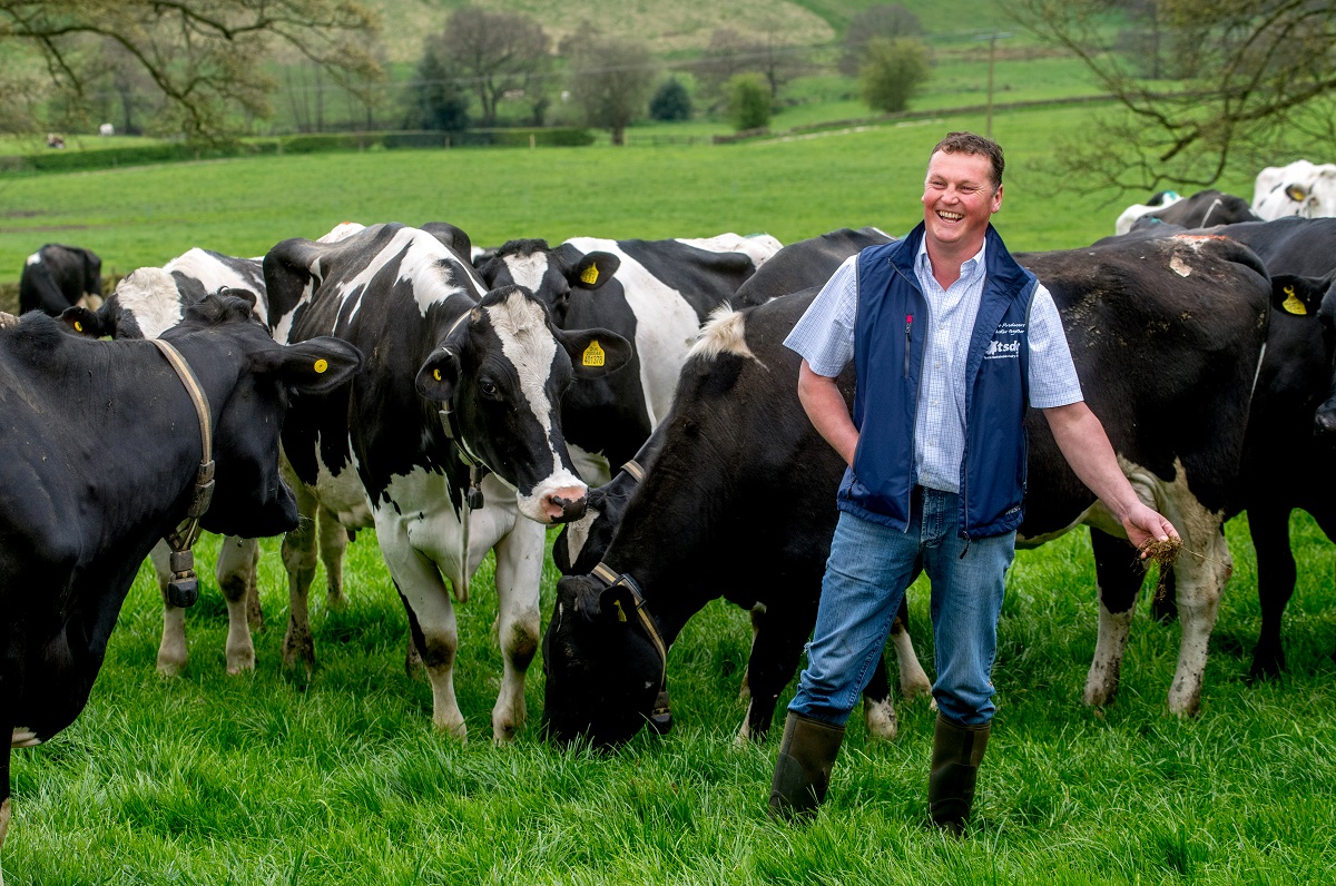 Farmer with herd of cows